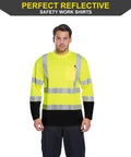 Hi Vis Long Sleeve Safety Shirts For Men 4 Pack Reflective Construction Workwear With Pockets Moisture Wicking Birdseye Knit Lightweight Breathable 100 Percent Polyester Yellow And Black image of a man wearing reflective yellow and black shirt, front view