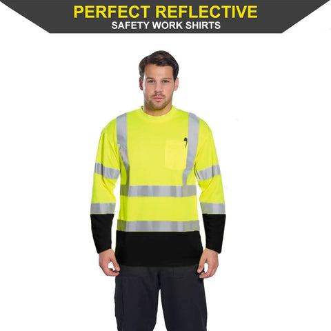 Hi Vis Long Sleeve Safety Shirts For Men 4 Pack Reflective Construction Workwear With Pockets Moisture Wicking Birdseye Knit Lightweight Breathable 100 Percent Polyester Yellow And Black image of a man wearing reflective yellow and black shirt, front view