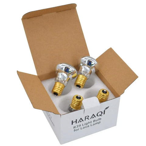 4 Pack R39 E17 25 Watt Incandescent Reflector Bulbs For Lava Lamps And Glitter Lamps in open box with golden screw bases