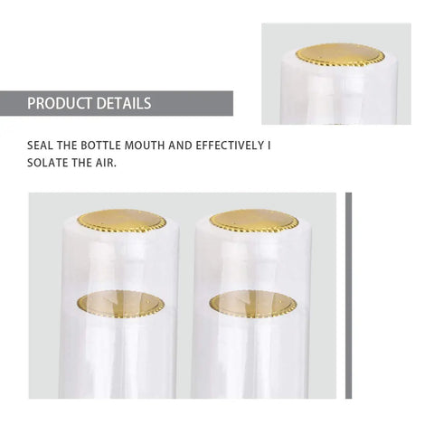 100 Piece Clear PVC Heat Shrink Wine Bottle Caps with gold tops, ideal for sealing bottles and preventing air exposure.