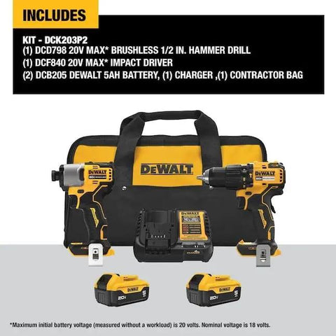 Killer 20V Max Brushless Hammer Drill And Impact Driver Combo Kit with batteries, charger, and contractor bag displayed.