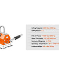 Heavy Duty Permanent Magnetic Lifter With Crazily High Two Thousand Kilogram Pulling Power For Gritty Steel Hauling Jobs On Site, orange with safety specs.
