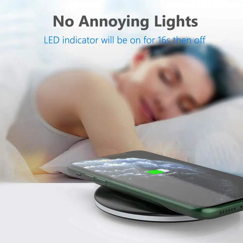 Fast Qi Wireless Charger Pad With 10W Max And 7.5W Modes For iPhone 17 Pro Max charging phone on bedside