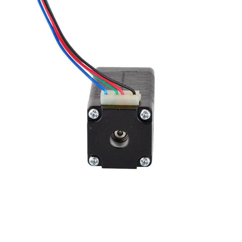 Front view of a black Nema 8 bipolar micro stepper motor with four colored wires (blue, red, green, black) and metal shaft.