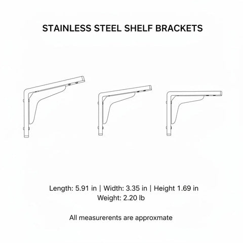 Diagram of beefy shelf brackets for wall mounts, triangular stainless steel L-brackets with dimensions for kitchen and garage storage.