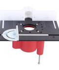 Heavy Duty Router Lift Kit With Smooth Turning Crank Handle And Rust Resistant Aluminum Base Plate For Precision Woodworking and Table Saw Inserts. Features red base and precise angle gauge.