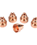 5 Pcs Premium Copper Plasma Caps For 85 And 105 Thermal Dynamics Cutting Torch Consumables High Temp Replacement Parts Ensure Precise Cut Quality And Lasting Durability Now, showing five replacement copper plasma caps.