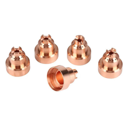 5 Pcs Premium Copper Plasma Caps For 85 And 105 Thermal Dynamics Cutting Torch Consumables High Temp Replacement Parts Ensure Precise Cut Quality And Lasting Durability Now, showing five replacement copper plasma caps.