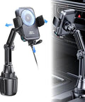 Hassle Free Wireless Car Charger With Intelligent Auto Grip Mount And Cup Slot Tray in a vehicle cup holder position.