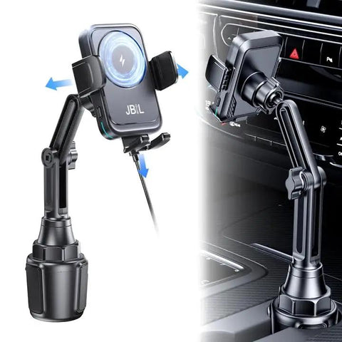 Hassle Free Wireless Car Charger With Intelligent Auto Grip Mount And Cup Slot Tray in a vehicle cup holder position.
