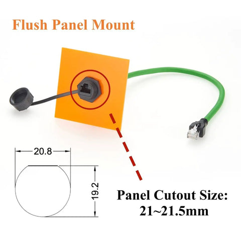 Profinet RJ45 Extension Cable 10Gbps Cat6A Shielded Gear to Female Flush Panel Mount IP67 Waterproof, close-up view