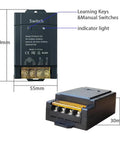Dimensions of Beefy Wireless Remote Switch For Home, Farm And Workshop Lighting And Appliances, 433MHz Receiver, shown in image.