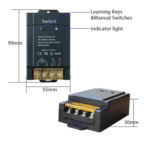 Dimensions of Beefy Wireless Remote Switch For Home, Farm And Workshop Lighting And Appliances, 433MHz Receiver, shown in image.