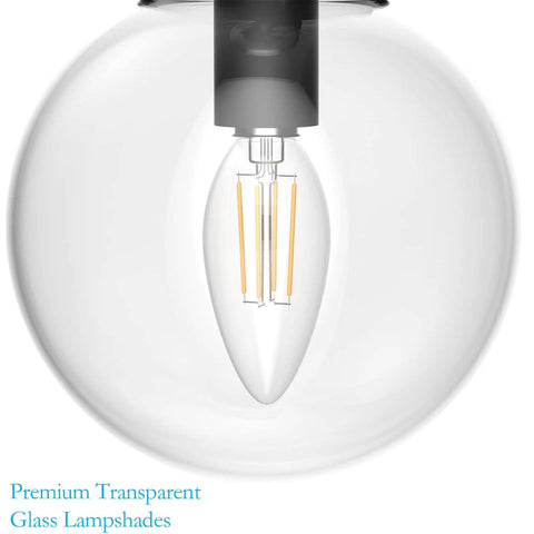Close-up of clear glass globe for Three Light Dope Matte Black Vanity Light Fixtures With Industrial Glass Globe For Bathroom Wall Mount Vintage Style