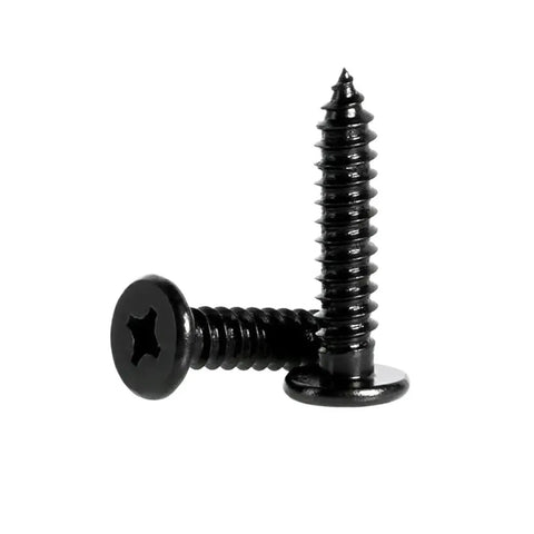 Real Deal Black 304 Stainless Steel Self Tapping Wood Screws Featuring Smooth Phillips Flat Wafer Heads That Sit Flush Ultra Thin Construction Ensures Zero Snags Slick For Electrical DIY Jobs Pack Is Badass 50 Piece Assorted Set Of M1 2 To M4 Sizes - close-up of two black wafer screws.