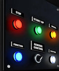 Control panel featuring 12-Pack 22mm LED Indicator Lights 12-24V AC DC Pilot Signal Lights in red, green, yellow, and blue.