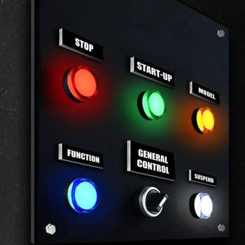 Control panel featuring 12-Pack 22mm LED Indicator Lights 12-24V AC DC Pilot Signal Lights in red, green, yellow, and blue.