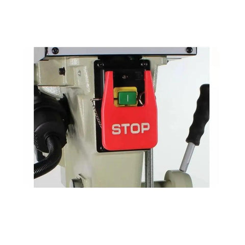 Close-up of the safety stop switch on the Heavy Duty 15 Inch Variable Speed Floor Drill Press With 1 HP Motor And MT2 Spindle.