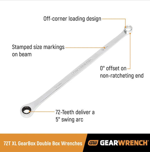 GearBox XL 12 Point Double Box Ratcheting Wrench 21mm With Off Corner Load, stamped size markings, 5° swing arc