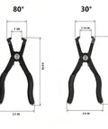 Two Piece Push Pin Pliers Set With 30 And 80 Degree Offset Jaws shown with dimensions and EZ Grip Handles