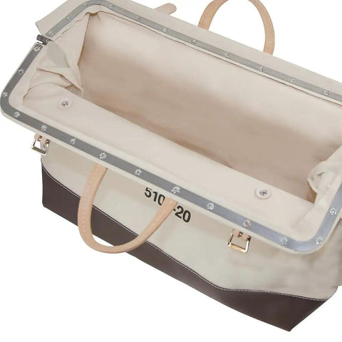Open Heavy Duty Natural Canvas Tool Bag With Wide Hinged Opening, Leather Handles, Riveted Construction, Secure Buckle Straps