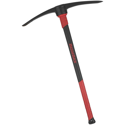 Beefy Heavy Duty Mattock Pick For Digging And Chopping Compact Soil With Fiberglass Core Handle shown on white background