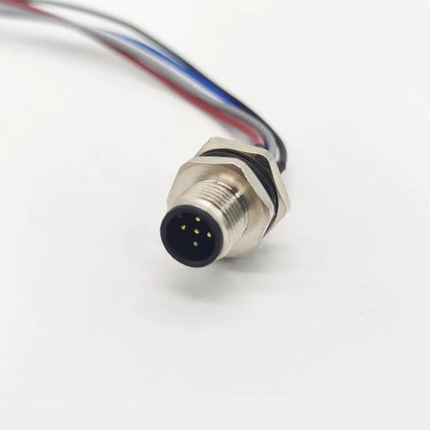 Close-up view of Five Pin A Coded M12 Male Connector Cable 0.5 Meter Straight Back Mount Waterproof Unshielded Socket with wires.
