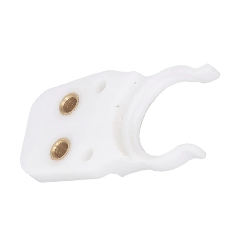 Heavy Duty ABS Tool Holder Clamp For CNC Engraving Machines High Temp Tolerance Fits Auto Tool Changer Rigged For Rock solid Industrial Grind And Precision Work Anytime, detailed view showing white plastic and brass fittings.