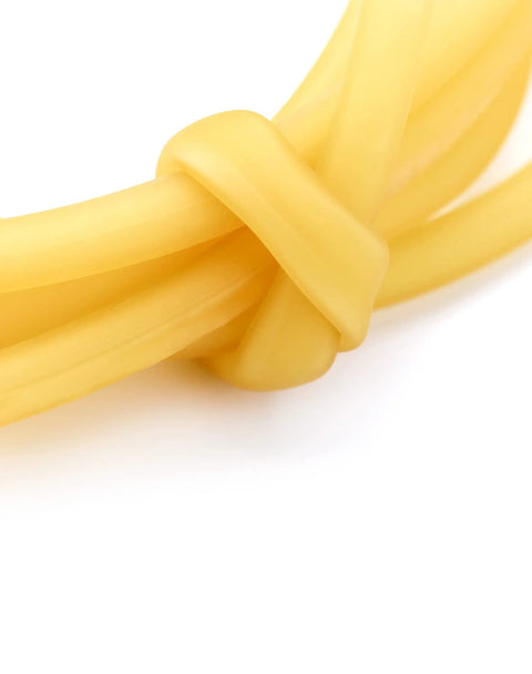 QWORK 10ft natural latex rubber tubing, 3/8 inch OD x 1/4 inch ID, yellow, knotted close-up