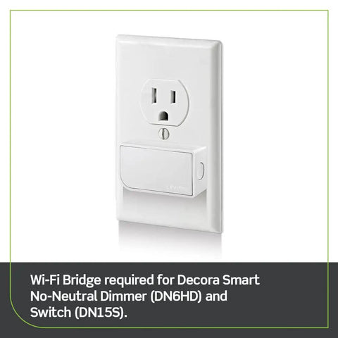 Decora Smart Switch No Neutral Needed 3 Way DN15S-2RW With MLWSB Wi-Fi Bridge installed on a wall with an outlet
