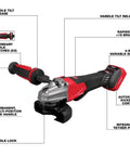 Top Tier Cordless Angle Grinder With Lightning Fast Dual Trigger Brake Plus Smart Kickback Shield, highlighting features like handle tilt and secondary switches.