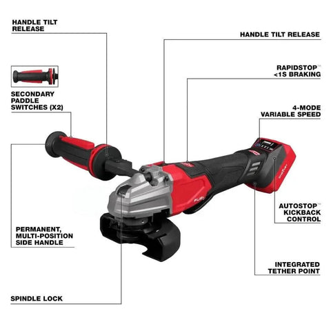 Top Tier Cordless Angle Grinder With Lightning Fast Dual Trigger Brake Plus Smart Kickback Shield, highlighting features like handle tilt and secondary switches.