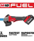 Pro Grade 18V Cordless Angle Grinder Kit With One Key Smart Tech Braking Disc System, red and gray design, powerful cutting tool.