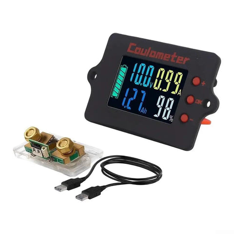 Hella Precise Pure Copper Shunt Battery Monitor Tracks 0 To 100 Amps Across 8 To 120 Volt Systems Featuring A Badass 32 Bit Chip And Usb Data Logging Plus Bidirectional Measurement For Solar Projects And RV Camper Builds with LCD display and copper shunt.