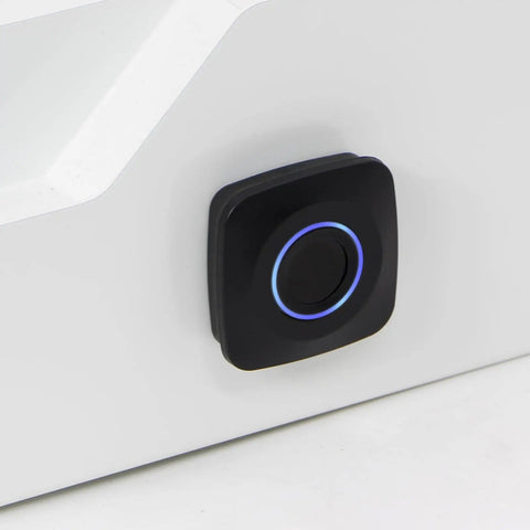 Sleek Under Desk Drawer With Biometric Fingerprint Lock Smooth Metal Slide Tray No Key Hassle Secret Stash For Laptops Paper Everyday Carry In Crisp White biometric fingerprint lock close-up.