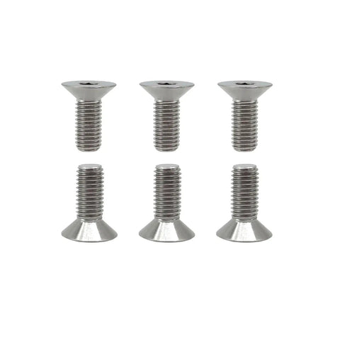Sick Titanium Steering Wheel Bolts M5 X 12mm Six Piece Countersunk Flat Head Screw Kit showing six titanium screws arranged in two rows.