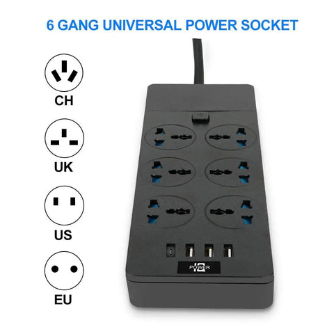Top view of Universal Power Strip With 6 Outlets 3 USB Ports Plus 1 Type C Port Six Point Five Foot Extension Cord 3000 Watt Surge Protector 110V 250V Compatible For Home Office Dorm Room And Multi Device Charging