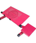 Premium Aluminum Laptop Bed Tray With Adjustable Angled Legs And Cooling Radiating Vents Built Tough Hassle Free Portable Folding Workstation Desk For Relaxed Daily Grind in pink with cooling vents.