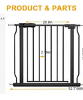 Product parts layout for Extra Wide Baby Gate for Doorways and Stairs, includes tension bolts, extensions, and main gate.
