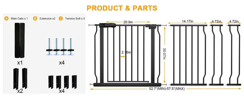 Product parts layout for Extra Wide Baby Gate for Doorways and Stairs, includes tension bolts, extensions, and main gate.