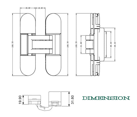Technical drawing of 2.0 Adjustable Concealed Hinge for Internal Flush Doors with 40Kg and 60Kg Capacity showing dimensions