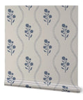 Kick Up Walls With Cottage Floral Blue And Silver Metallic Wallpaper featuring a floral pattern on a cream background, 2 by 27 ft.