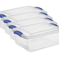 Four Pack 15 Quart Storage Bins With Hella Sturdy Snap Tops And Crystal Clear Lids Stackable Plastic Totes For closet shelf sorting, clear containers.