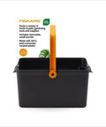 Front view of Portable Garden Tool Caddy With Locking Handle And Removable Bin, wall mountable, made of recycled resin.