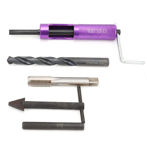 Half Inch 13 UNC Thread Repair Kit with 12 inserts and repair tools for home mechanics, includes drill, tap, and installer tool