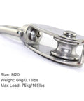 Set Of 10 M20 Single Pulley Blocks 304 Stainless Steel Hanging Wire Pulley Rollers 360 Degree Swivel Top Ring Must-Have Heavy Duty Lifting Gear For Rope And Cable Load Capacity 75Kg 165Lbs, close-up of one pulley showing M20 size and weight details