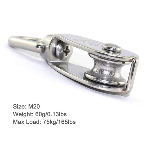 Set Of 10 M20 Single Pulley Blocks 304 Stainless Steel Hanging Wire Pulley Rollers 360 Degree Swivel Top Ring Must-Have Heavy Duty Lifting Gear For Rope And Cable Load Capacity 75Kg 165Lbs, close-up of one pulley showing M20 size and weight details