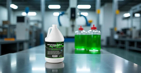 1 gallon container of Green Cutting Coolant for Plasma Cutters and CNC Cutting Tables on a metal workshop table