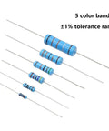 Assorted blue resistors with 5 color bands from Massive 130 Values Half Watt Metal Film Resistor Kit With One Percent Tolerance 1300 Pieces