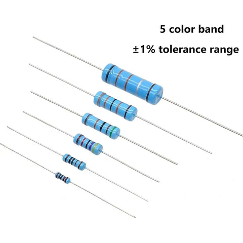 Assorted blue resistors with 5 color bands from Massive 130 Values Half Watt Metal Film Resistor Kit With One Percent Tolerance 1300 Pieces